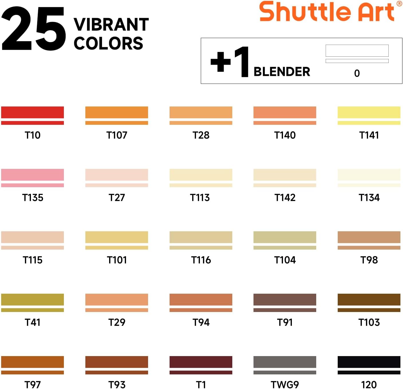 Shuttle Art 26 Colors Skin Tone&Hair Art Markers, Dual Tip Alcohol Based Flesh-Color Marker Pen Set Contains 1 Blender Perfect for Kids & Adults Portrait,Comic, Anime, Manga, Illustration