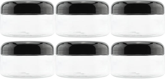 Cornucopia Brands 8oz Clear Plastic Jars w/Black Plastic Lids (6-Pack); BPA Free PET Stackable Containers for Bathroom & Kitchen Storage & Cosmetics