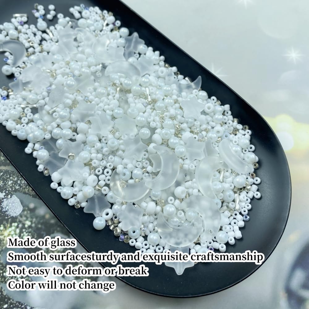 Assorted Glass Beads for Jewelry Making Multi Size Colors Glass Star Moon Seed Pearl Spacer Beads for Bracelets Necklace Earring Making(Frosted White)