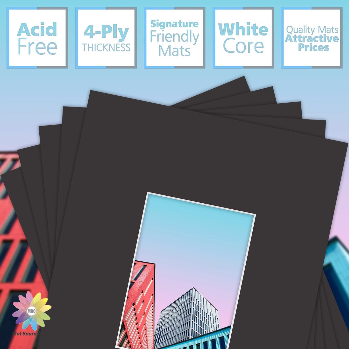 MBC MAT BOARD CENTER, 5 Pack 11x14 for 5x7 Black Picture Mats Frame Mattes, Bevel Cut, Acid Free, 4-ply Thickness