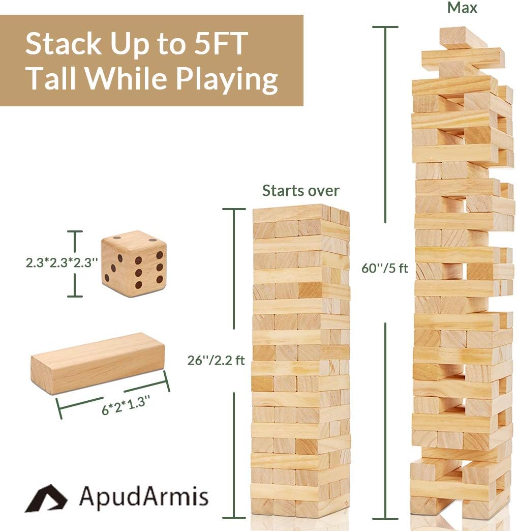 ApudArmis 60 PCS Tumble Tower, (Stack up to 5Ft) Pine Wooden Stacking Timber Game with 1 Dice Set - Classic Block Outdoor Game for Teens Adults Family