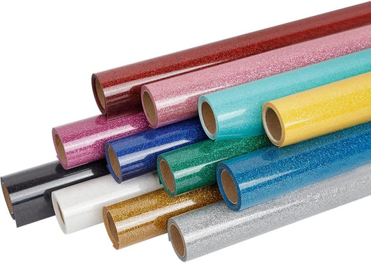 FUNKAKA Glitter Heat Transfer HTV Vinyl Bundle, 12 Rolls 12" x 3ft Iron On Vinyl for T-Shirt 12 Assorted Colors Glitter HTV Vinyl for All Cutter Machines Easy to Cut