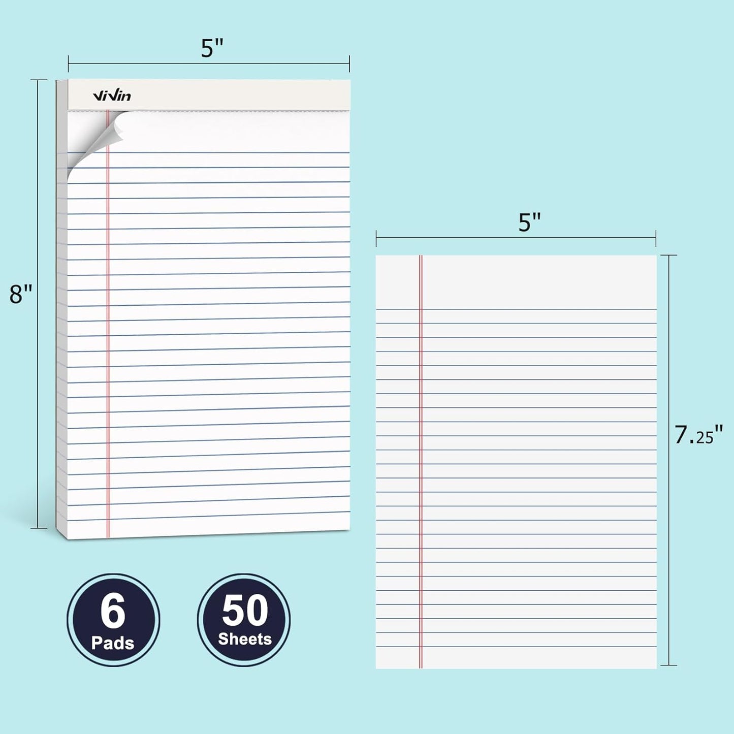 ViVin 5 x 8 Inch Legal Pads, 6 Pack, Narrow Ruled, 50 Sheets Per Writing Pad, Perforated Note Pads Ideal for Home, Office, Business, 300 Sheets, White Paper