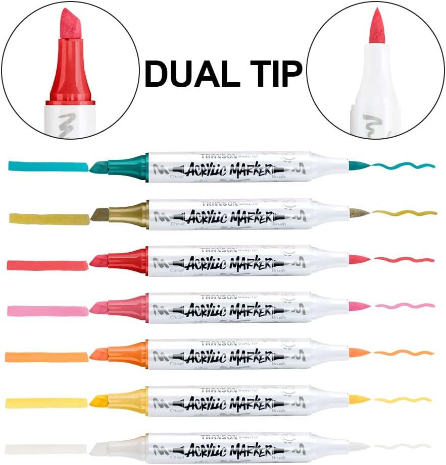 TRANSON 12 Colors Chisel and Brush Dual-tip Acrylic Paint Marker Pen Set for Canvas Rock Wood Leather Ceramic DIY Painting