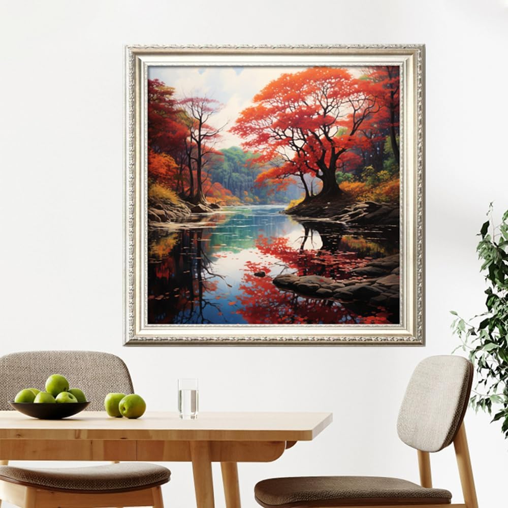 Leczany Cross Stitch Stamped Kit for Adults or Kids - Beautiful Riverside Scenery | DIY Embroidery Starter Patterns Craft Kit Needlepoint for Beginner | 11CT, 3 Strands | 17.7x17.7 inches