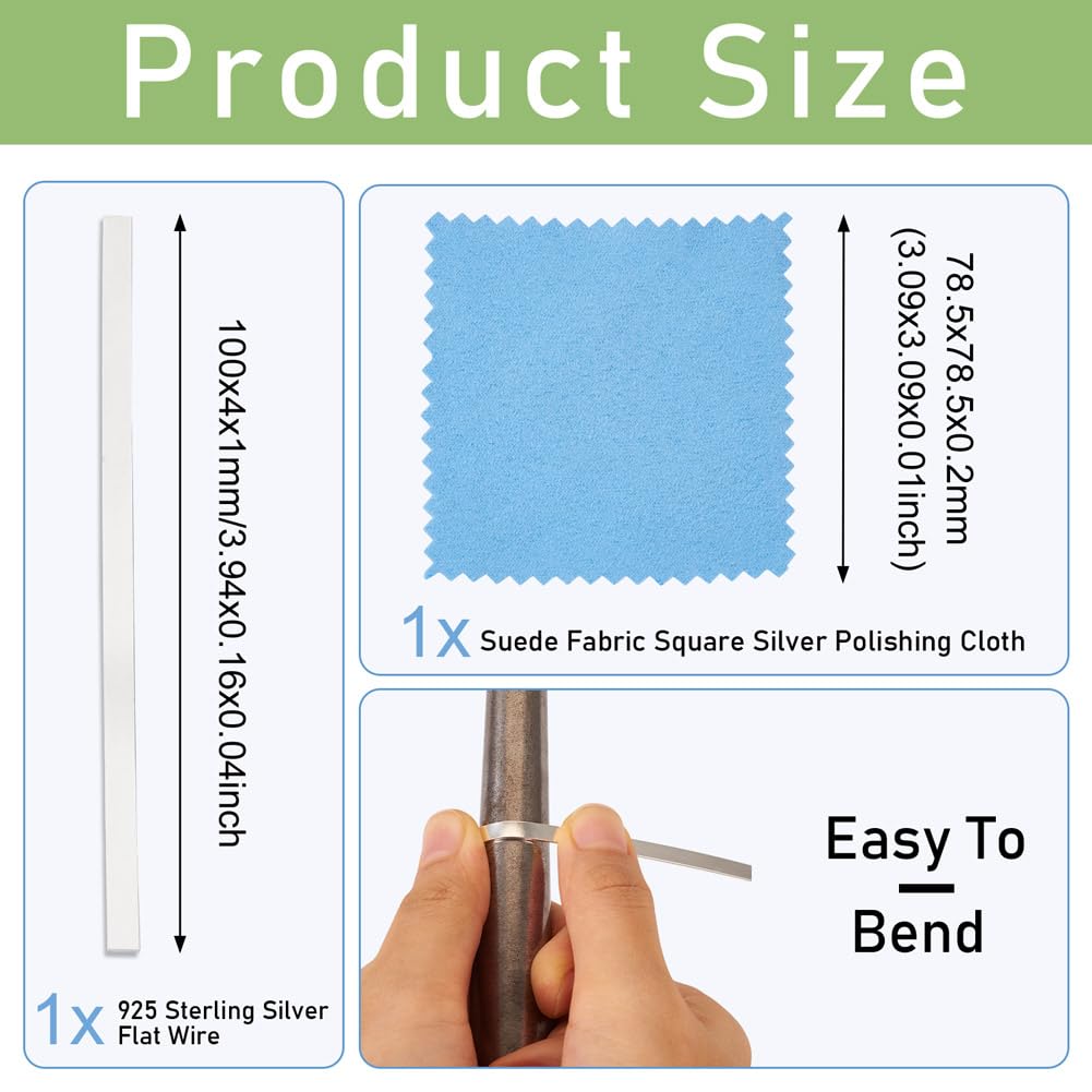 Fashewelry 1pc 4mm Sterling Silver Rectangle Flat Wire 0.3 Feet Bezel Wire Dead Soft Metal Wire with 1pc Cleaning Cloth for Stone Cabochon Rings Bangles Jewelry Making Stamping