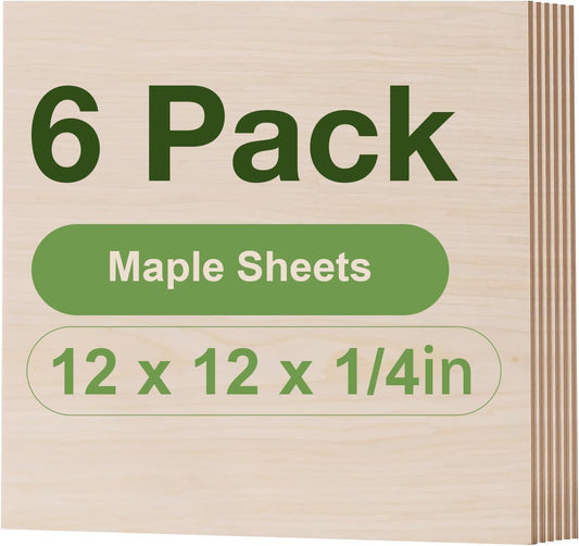 6 Pack Maple Plywood Sheets, 12 x 12 x 1/4 Inch, 6mm for Laser Cutting, Architectural Models, Wood Burning and DIY Crafts