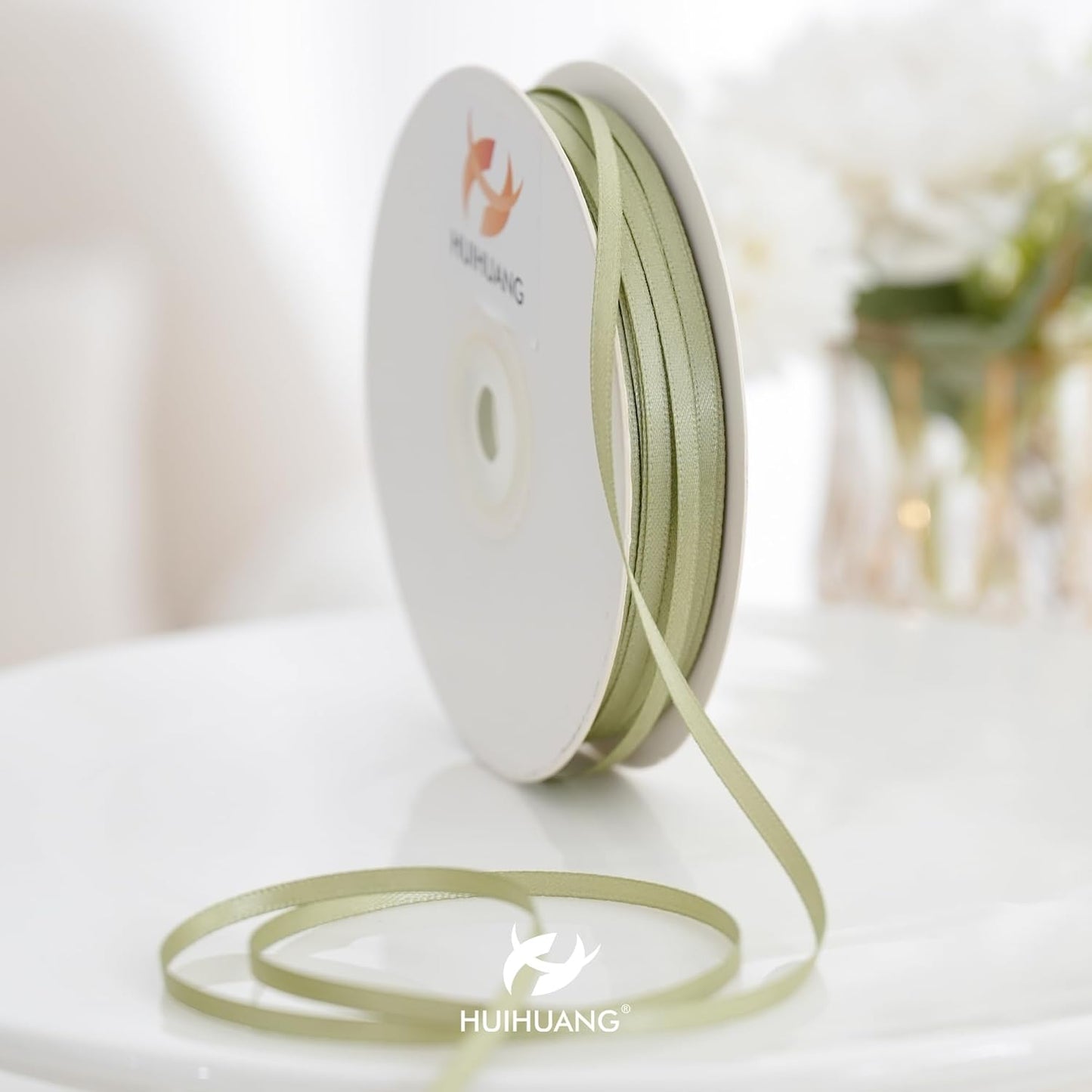 HUIHUANG Solid Color Satin Ribbon 1/8 inch x 100 Yards Roll Ribbon Double Faced for Crafts Gift Wrapping DIY Bows Invitation Card (Spring Green/Sage)
