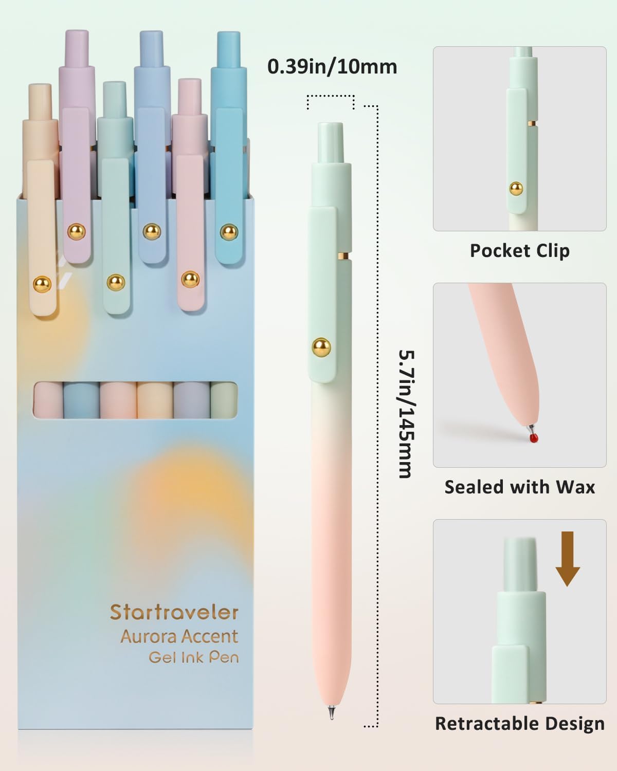 FIOVER Gel Pens, 6 Pcs 0.7mm Comfort Grip Quick Dry Black Ink Pens Fine Point Smooth Writing Pens, Cute Office Back to School Supplies Gifts for Women (6PCS Gradient Black Ink)