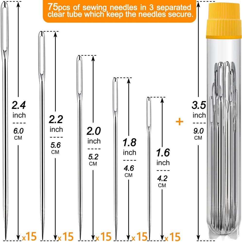 75 Pack Premium Large Eye Needles for Hand Sewing with 4 Needle Threaders, Assorted Sizes, Embroidery Needles for Hand Sewing, Sewing Needles Large Eye, Big Eye Needle