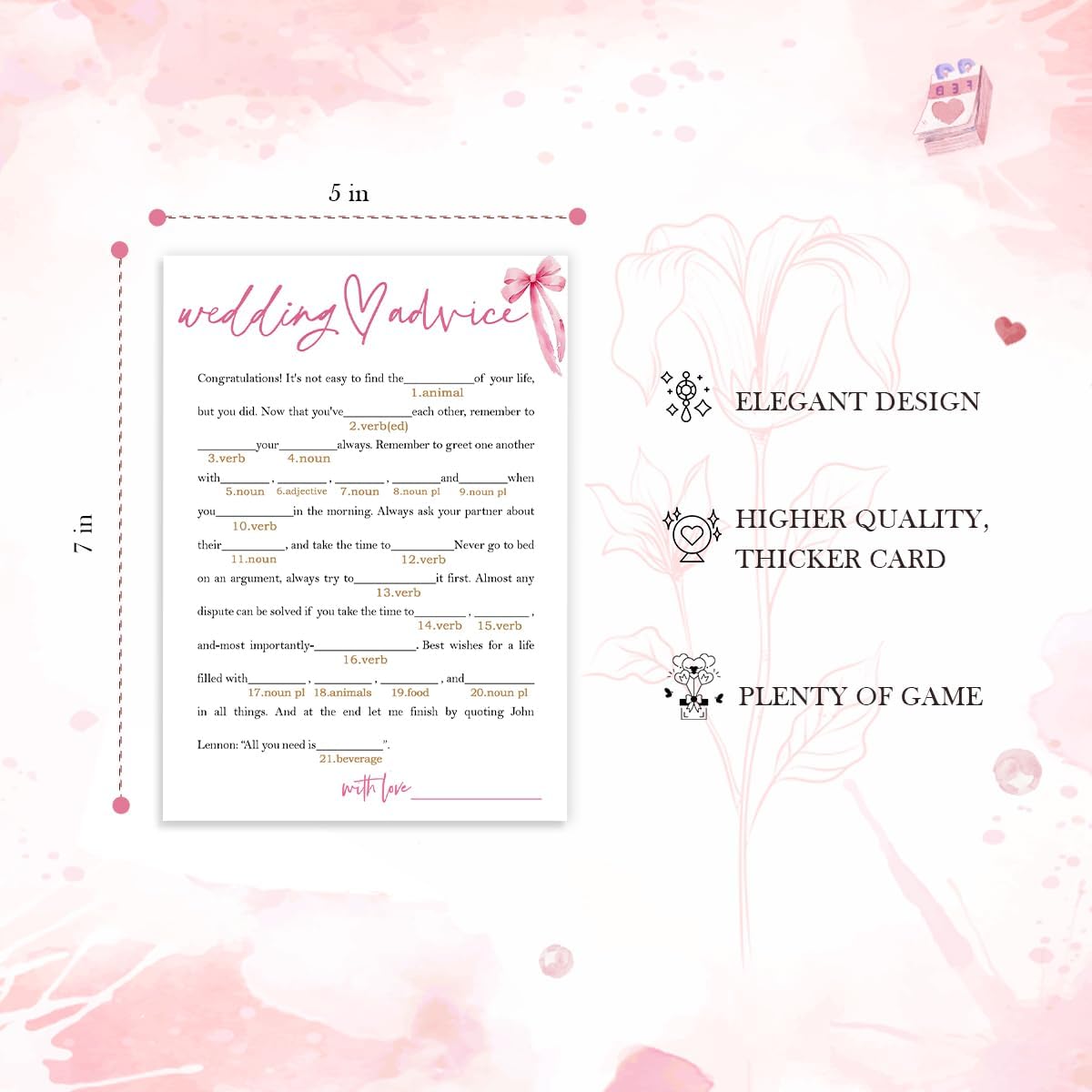 Wedding Shower Games Cards, Wedding Advice Word Game, Bridal Shower Games 25 Guests, Engagement Party Wedding Games for Guests, Pink Ribbon Bow Wedding Party Supplies - E06