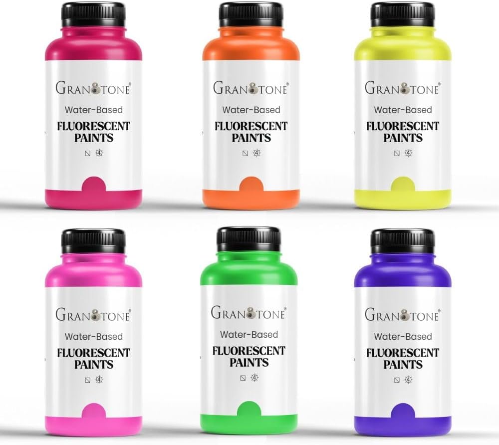 GRANOTONE Neon Fluorescent Acrylic Paint Set - 6 Colors, 8 oz Each | Glows in Black Light | Non-Toxic & Vibrant Paint | Ideal for Art, Crafts, Kids, & Hobbyists | Made in India