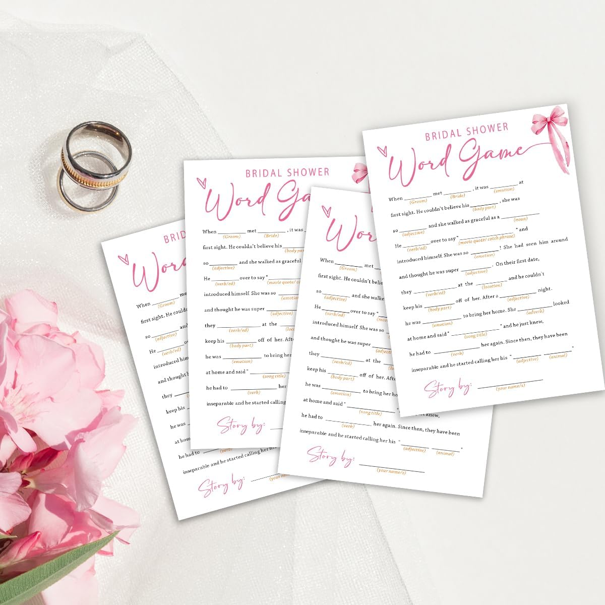 Wedding Shower Games Cards, Bridal Shower Word Game, Bridal Shower Games 25 Guests, Engagement Party Wedding Games for Guests, Pink Ribbon Bow Wedding Party Supplies - E16