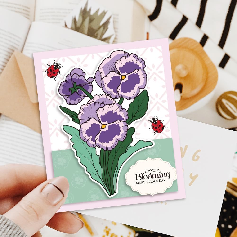 ORIGACH Realistic Pansy Stamps and Dies and Layering Coloring Stencil Set, Silicone Stamps Metal Die Cut and Flower Stencil Template for Card Making Scrapbooking DIY Crafting