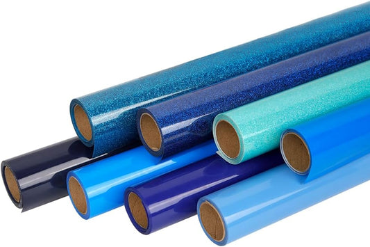 FUNKAKA Blue Heat Transfer HTV Vinyl Bundle, 8 Rolls 12" x 3ft Iron On Vinyl for T-Shirt 8 Assorted Blue Colors HTV for All Cutter Machines Easy to Cut