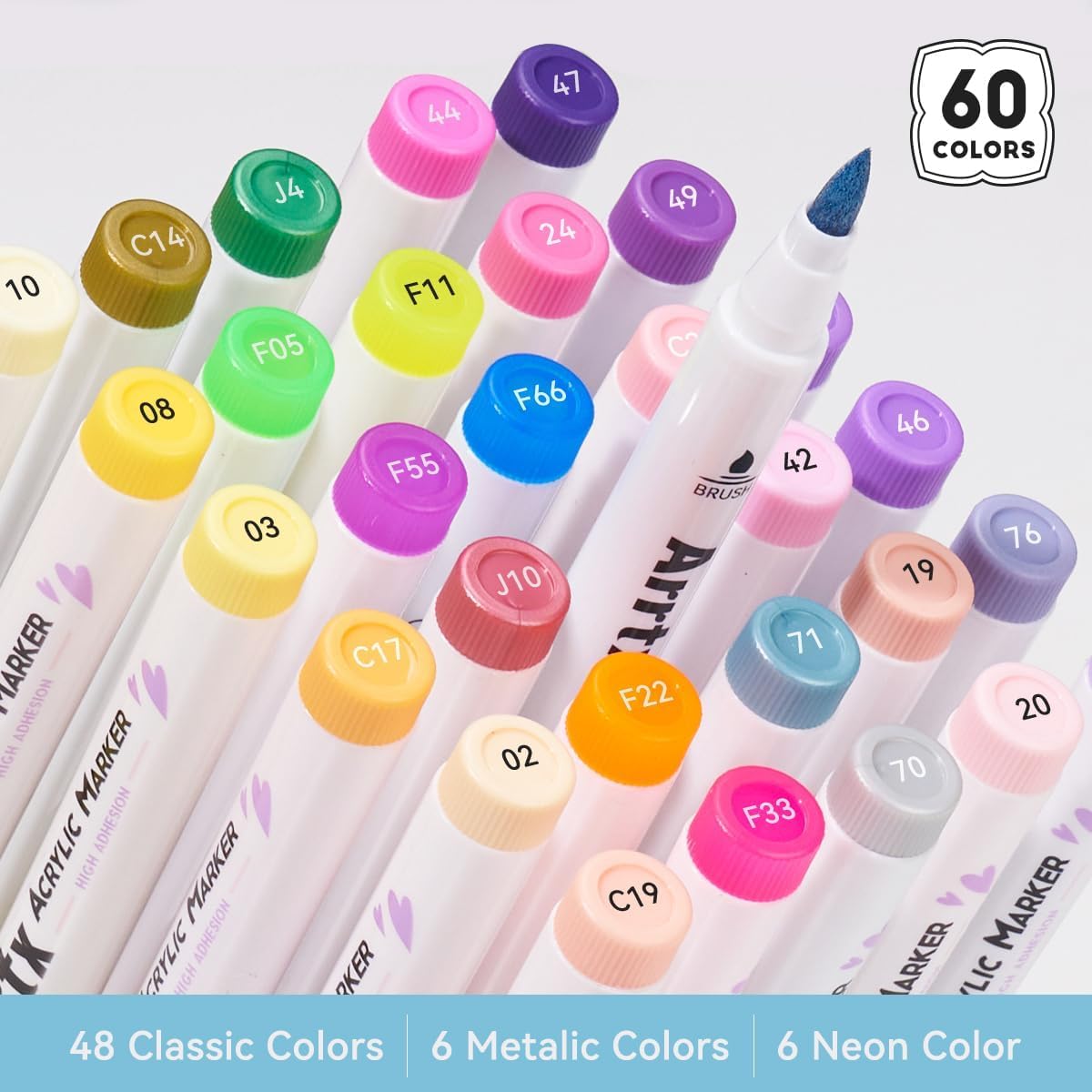 Arrtx 60 Colors Acrylic Paint Pens, Markers Paint Pens, Brush Tip for Rock Painting, Wood, Canvas, Stone, Ceramic, DIY Crafts Making Art Supplies-with Neon & Metallic & Regular Color-60A
