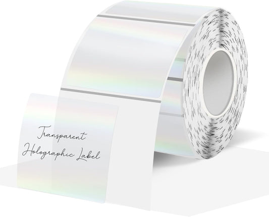 Square Transparent Clear Thermal Labels Stickers, 1.5 Inch Holographic Clear Transparent Thermal Label Stickers, Direct Printable Stickers for Small Businesses, Perforation Line Design- 300 Sheets