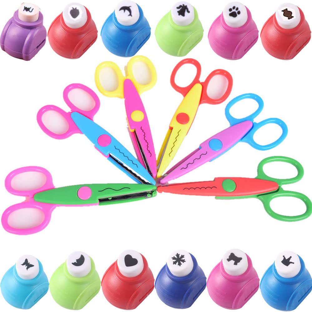 Scrapbook Paper Punch and Decorative Scissors, Qtopun 6 Pcs Creative Scissors and 12 Pcs Craft Punch Wave Lace Edge Cutters Paper Hole Punchers for Crafts, DIY Photo, Set of 18