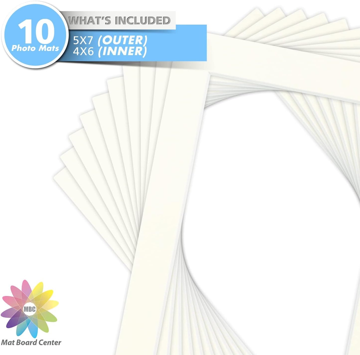 Mat Board Center, Pack of 10, 5x7 for 4x6 Ivory Turret Color Mats - Bevel Cut, Acid Free, 4-ply Thickness, White Core - for Pictures, Photos, Framing