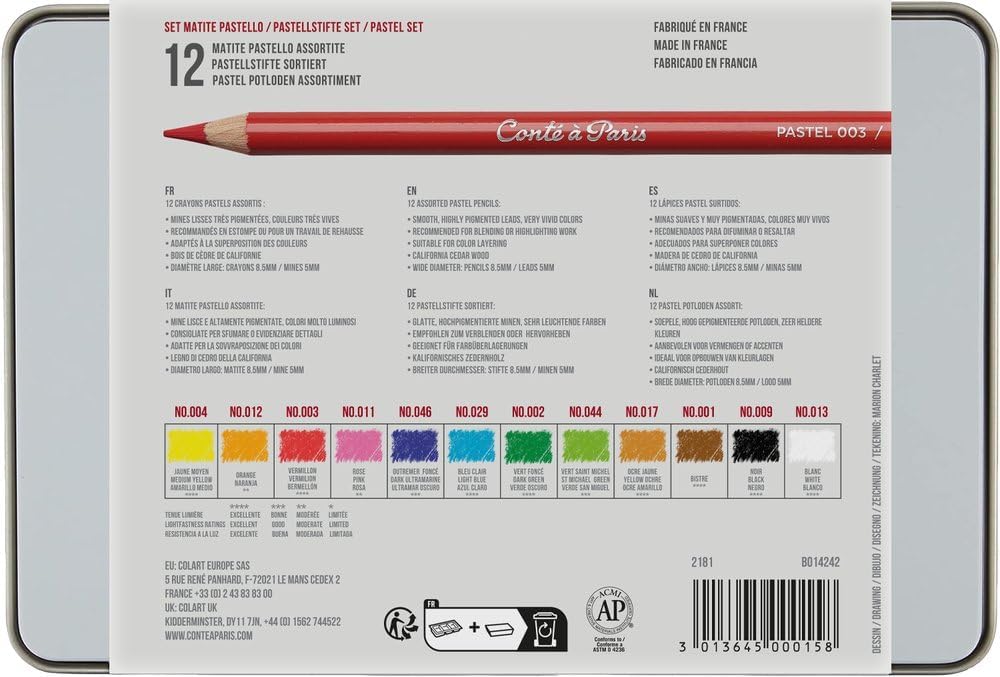 Conté à Paris Pastel Pencils with 12 Assorted Colors, Black
