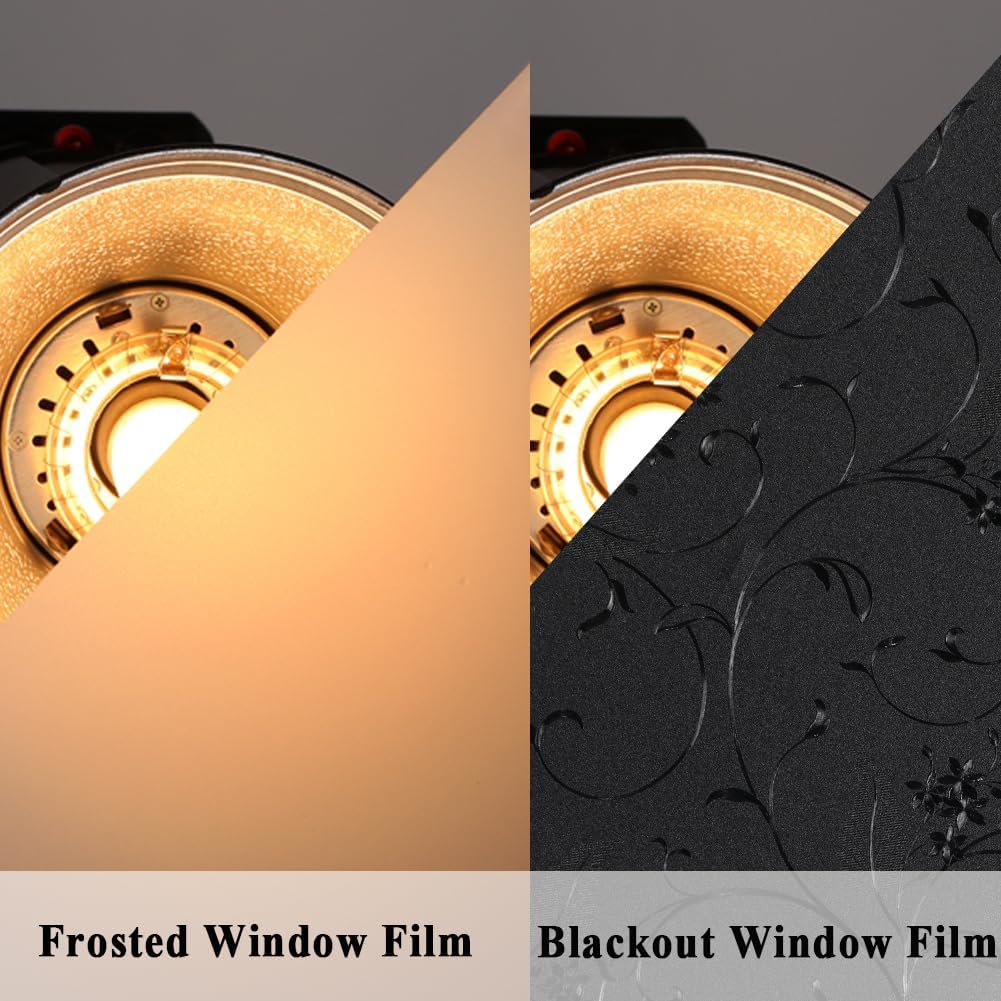 Mikomer Total Blackout Window Film,100% Light Blocking Privacy Glass Door Film Etched Flowers,Room Darkening Window Cling,No Glue/Heat Control/Anti UV for Day Sleep & High Privacy,23.6In. by 118In.