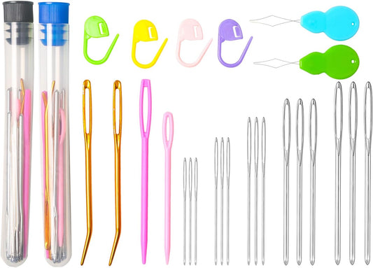 Hekisn 45Pcs Large Eye Blunt Yarn Needles kit, Assorted Sizes Bent Tapestry Darning Needle, Sewing Needles with Needle Threaders & Stitch Markers for Knitting Crochet (Blue&Black)