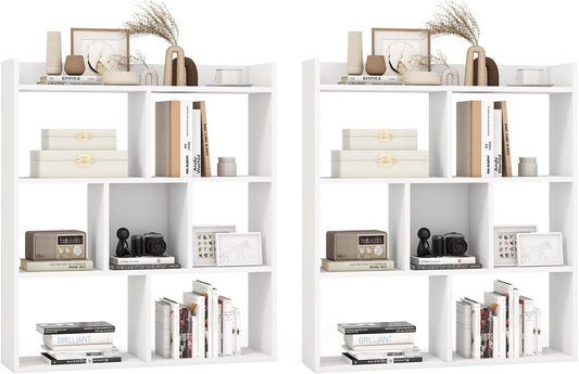 Giantex 7 Cube Bookshelf of 2, Free-Standing Wooden Bookcase, 4 Tier Home Display Shelf, Horizontal Storage Unit w/Anti-Toppling Devices, Open-Back Display Rack for Study, Living Room, White