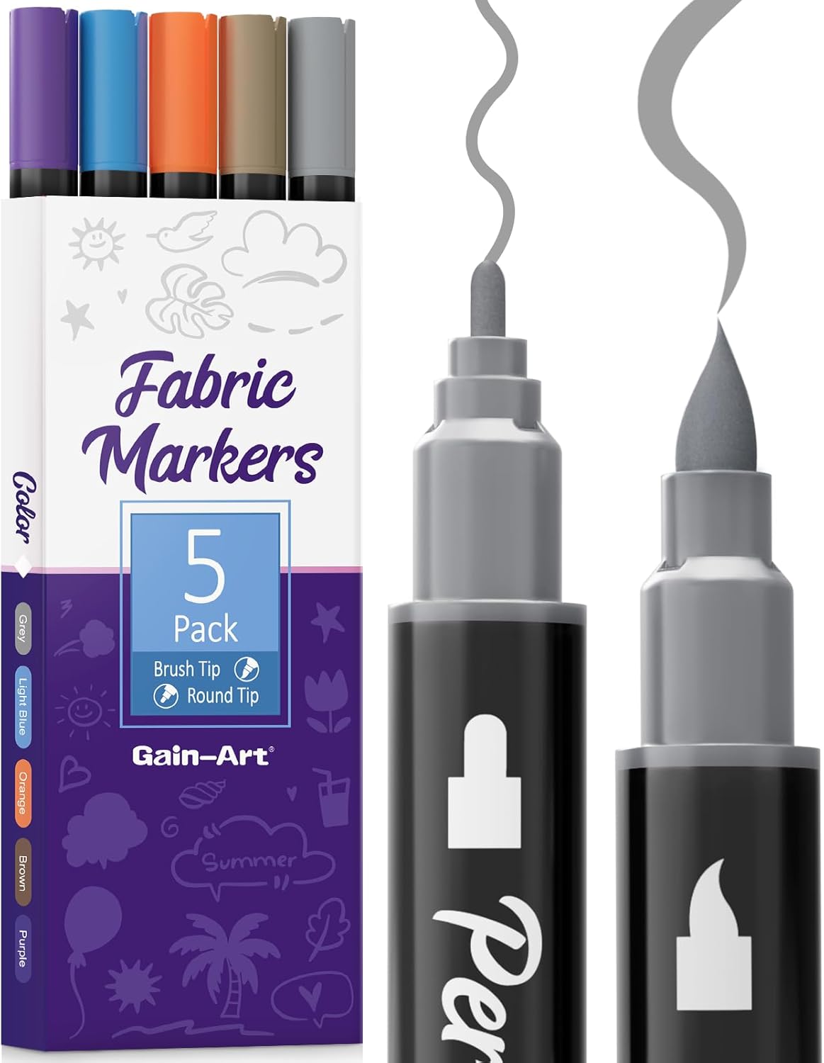 Dual-Tip Fabric Markers Permanent for Clothes No Bleed, Quick Dry & Non-Toxic Fabric Paint Pens Set for Canvas, T-Shirts, Bags, Textile, 5 Pack
