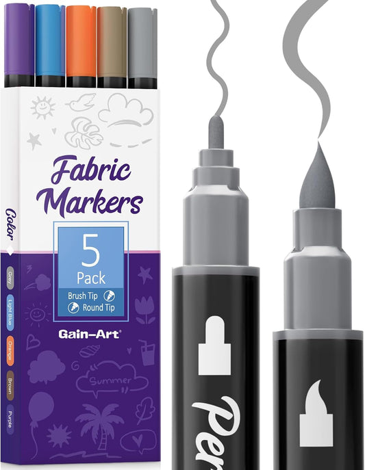 Dual-Tip Fabric Markers Permanent for Clothes No Bleed, Quick Dry & Non-Toxic Fabric Paint Pens Set for Canvas, T-Shirts, Bags, Textile, 5 Pack