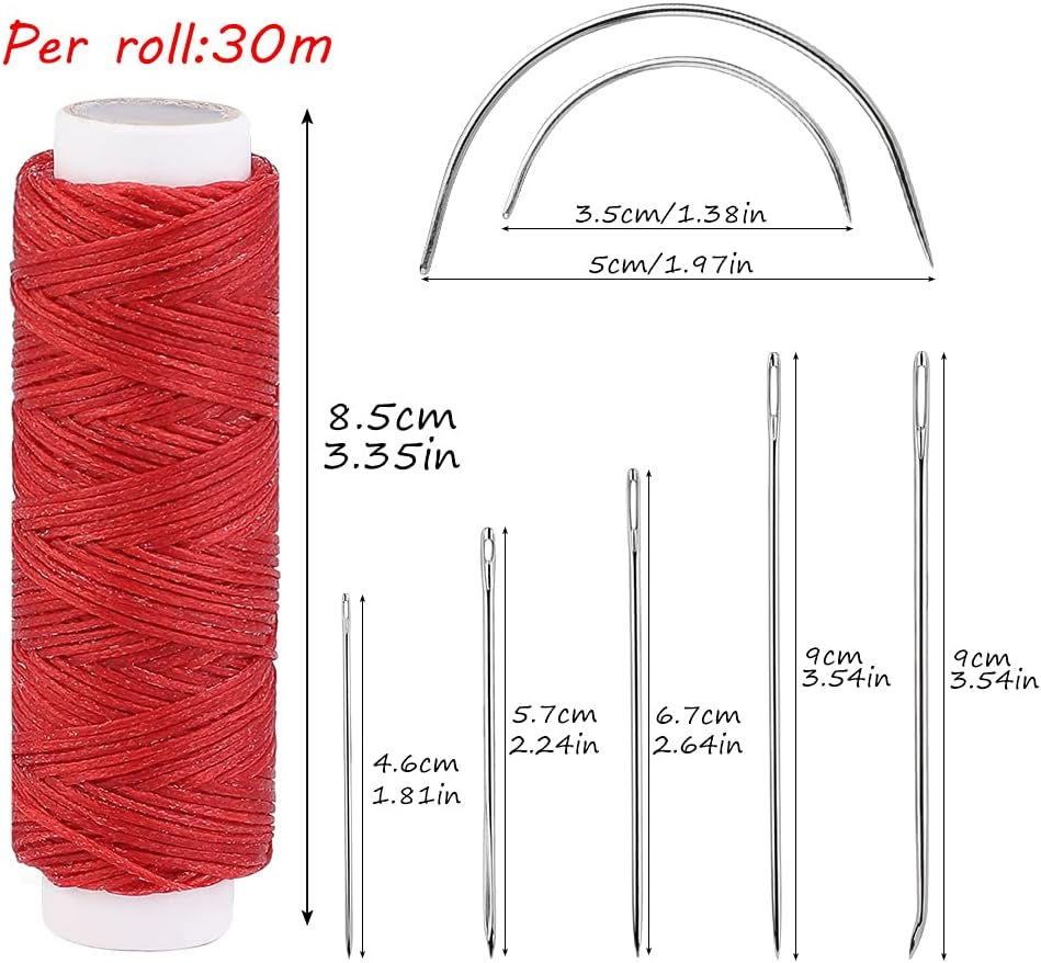 Ftyiwu Waxed Thread, Upholstery Needle and Thread 32 Yards with 7PCS Hand Sewing Needles for Home Upholstery Carpet Canvas Repair Leather Sewing (Red)