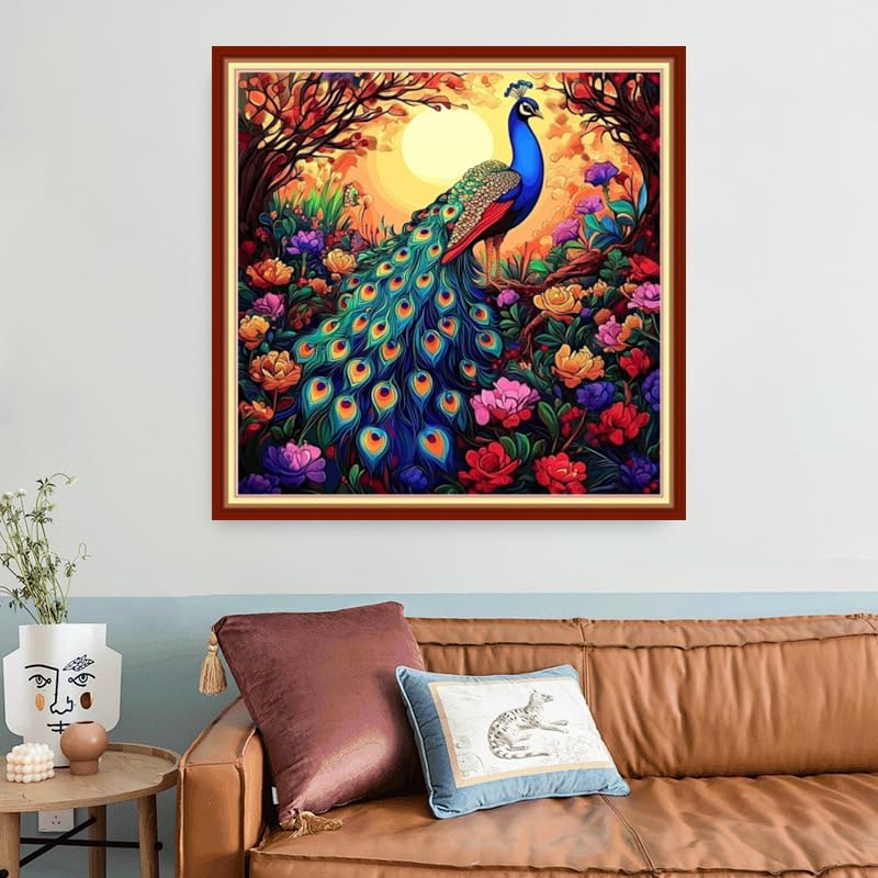 Foxhool Beginners Cross Stitch Kits Stamped Full Range of Embroidery Kits for Adults DIY Cross Stitches kit Embroidery Patterns for Needlepoint kit-Peacock Flower 18x18 inch