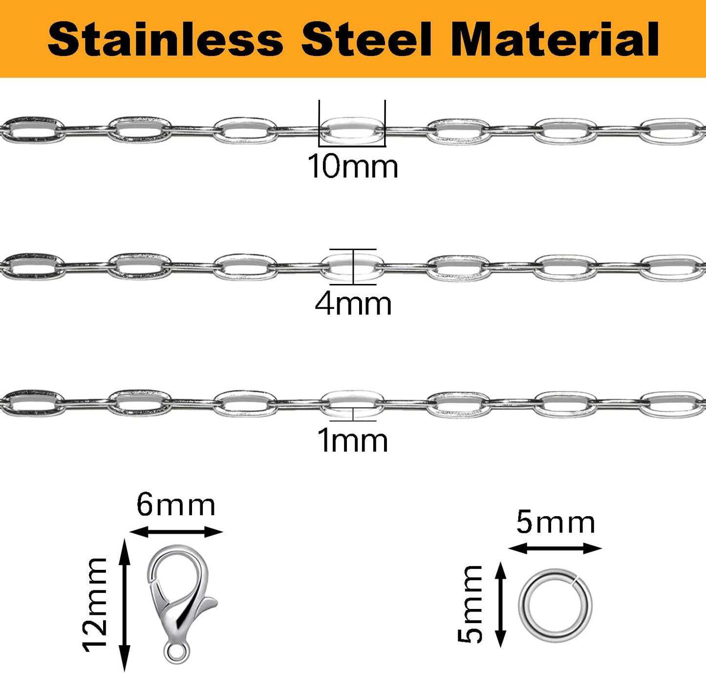 Jishi 16ft Paperclip Chain 4mm Silver Stainless Steel Paper Clip Link Chain Roll for Necklaces Jewelry Making Bracelet Craft Supplies DIY Earring Findings - Metal Jewelry Making Chain Links Bulk