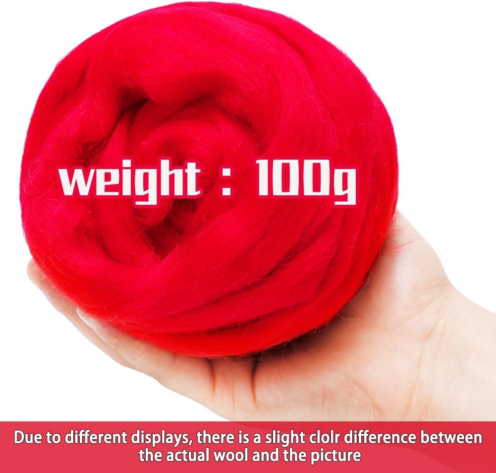 3.53oz Wool Roving Yarn, Wool Felting Supplies, Pure Wools, Chunky Yarn, Spinning Wool Roving for Needle Felting Wet Felting DIY Hand Spinning (red)