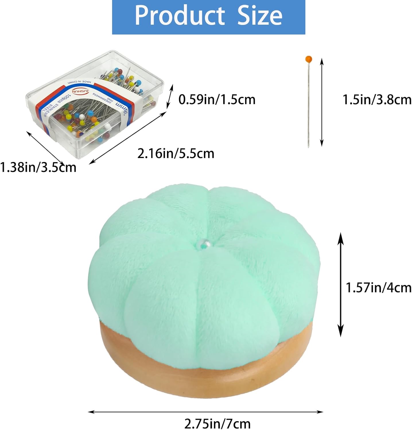 Hilltian Pin Cushion for Sewing, Wooden Base Sewing Pincushion with 100 Plastic Head Pins, Cute Pins Holder for Sewing Quilting, Light Green (Light Green)
