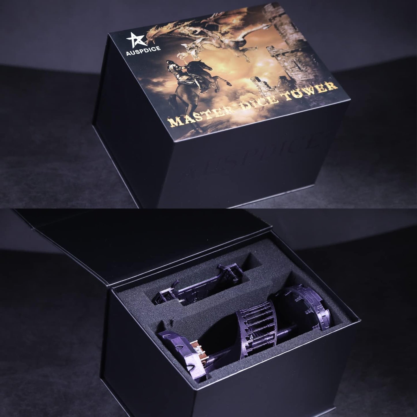 AUSPDICE Dice Tower Castle Retro DND Dice Rolling Tower and Tray for Dungeons and Dragons RPG Tabletop Games (Metallic Purple Color)