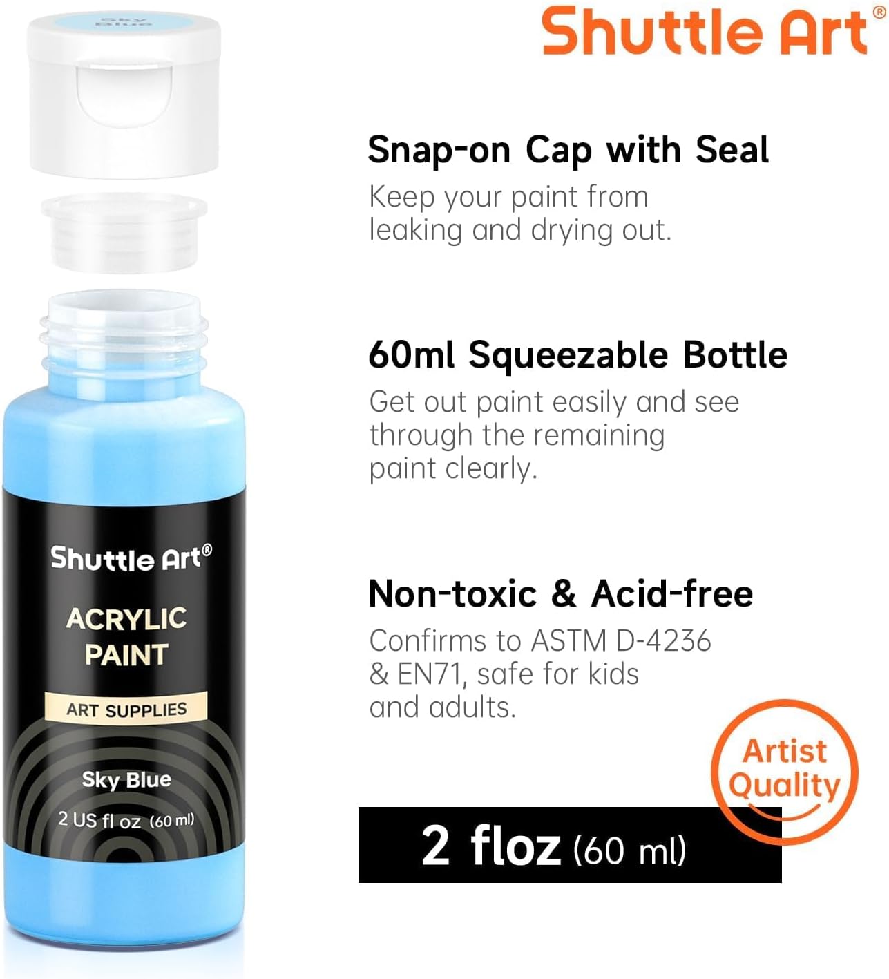 Shuttle Art Acrylic Paint, 25 Colors Acrylic Paint Set, 2oz/60ml Bottles, Rich Pigments Paint for Artists, Beginners and Kids on Canvas Rocks Wood Ceramic Fabric