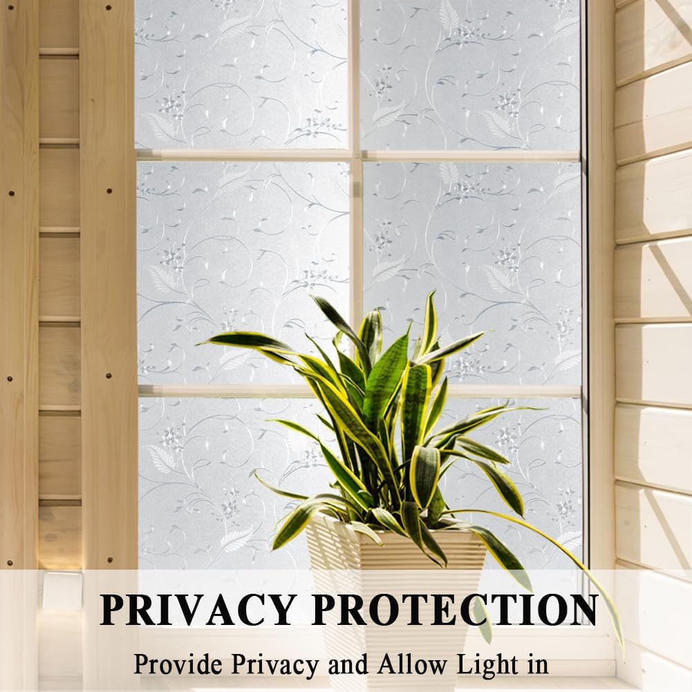 Mikomer Privacy Window Film Etched Flowers Static Cling Glass Door Film, Non Adhesive Heat Control Anti UV Window Cling for Office and Home Decoration,35 inches by 118 inches