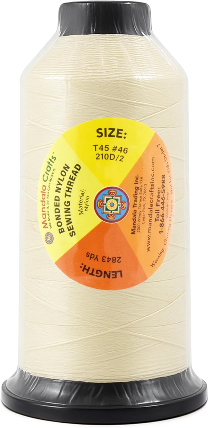 Mandala Crafts Size 46 210D T45 Bonded Nylon Thread Ivory Heavy Duty Sewing Threads - 2843 YDs Tex 45 Thread for Leather, Jeans, Weaving, Outdoor Marine Upholstery Threads