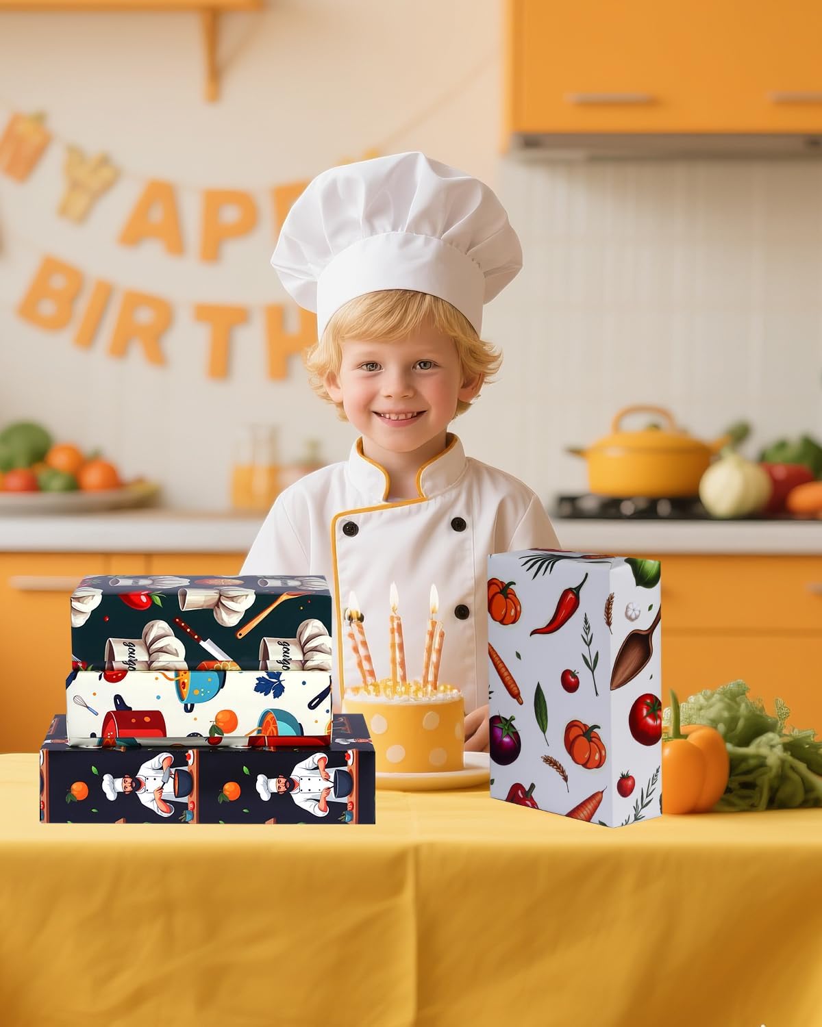 Pineraap 12 Sheets Chef Cooking Wrapping Paper, Vegetable Cooking Theme Gift Wrap Paper for Baker, Tomato, Chef Design Folded Flat Art Paper for Birthday, Kitchen Gifts, DIY Crafts, 19.7 x 27.6 Inch