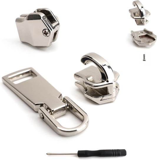 AKTIOIN Metal Zipper Repair Kit for Jackets, Luggage, Bags, Backpack, No Sewing Required Detachable Zip Heads Zipper Pull Replacement (Silver, #5)