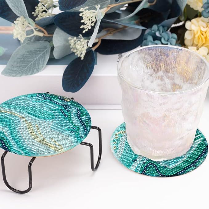 8 Pcs Ocean Diamond Art Painting Coasters with Holder, DIY Ocean Diamond Crafts Coasters for Adults, Diamond Art Painting Kits for Women, Beginners, Diamond Craft Supplies