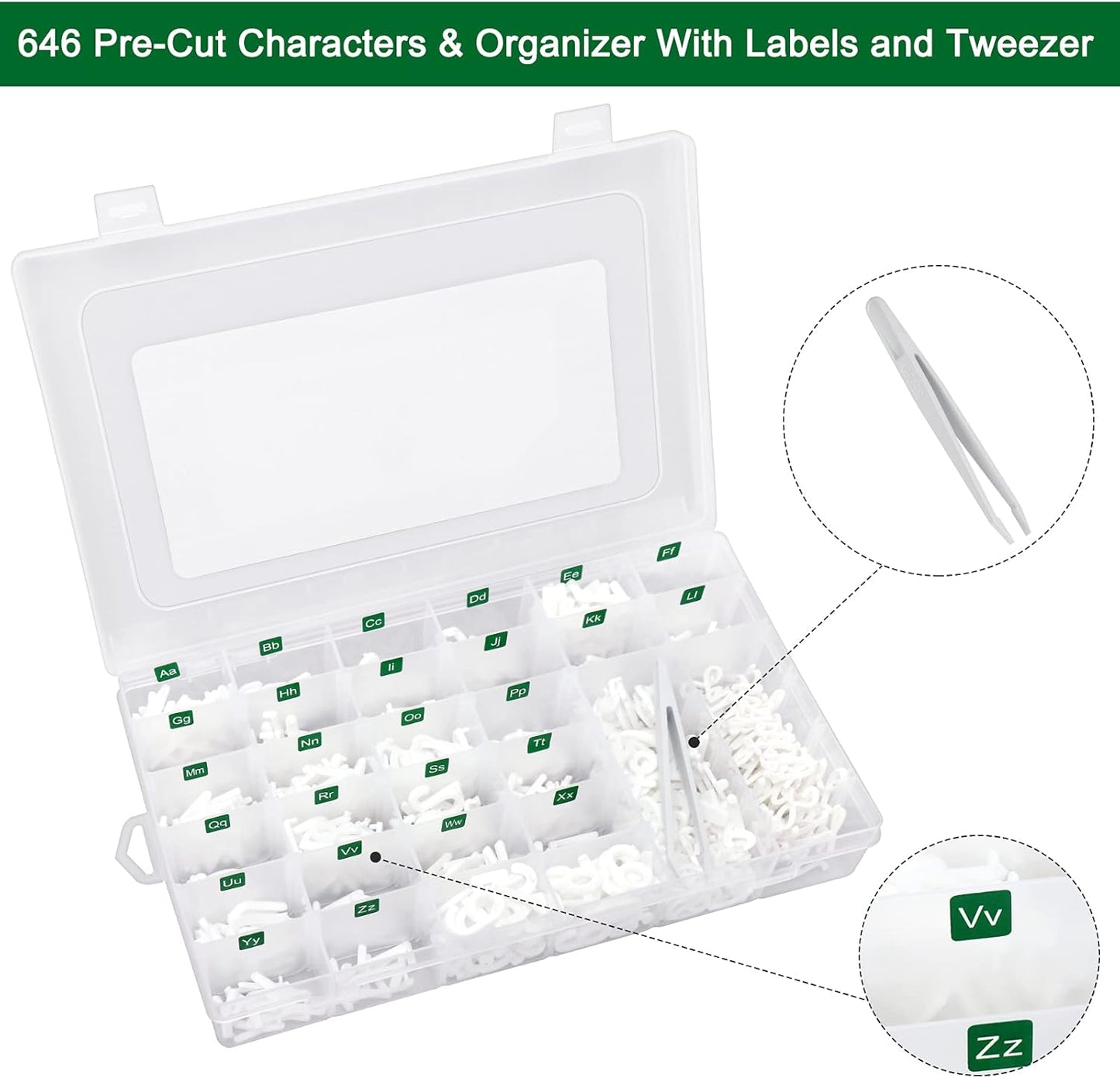 Letter Board Letters Only,646 PRE-Cut Characters (3/4 and 1 Inch,White) with Sorting Tray,Felt Letter Board Letters (Choice B)