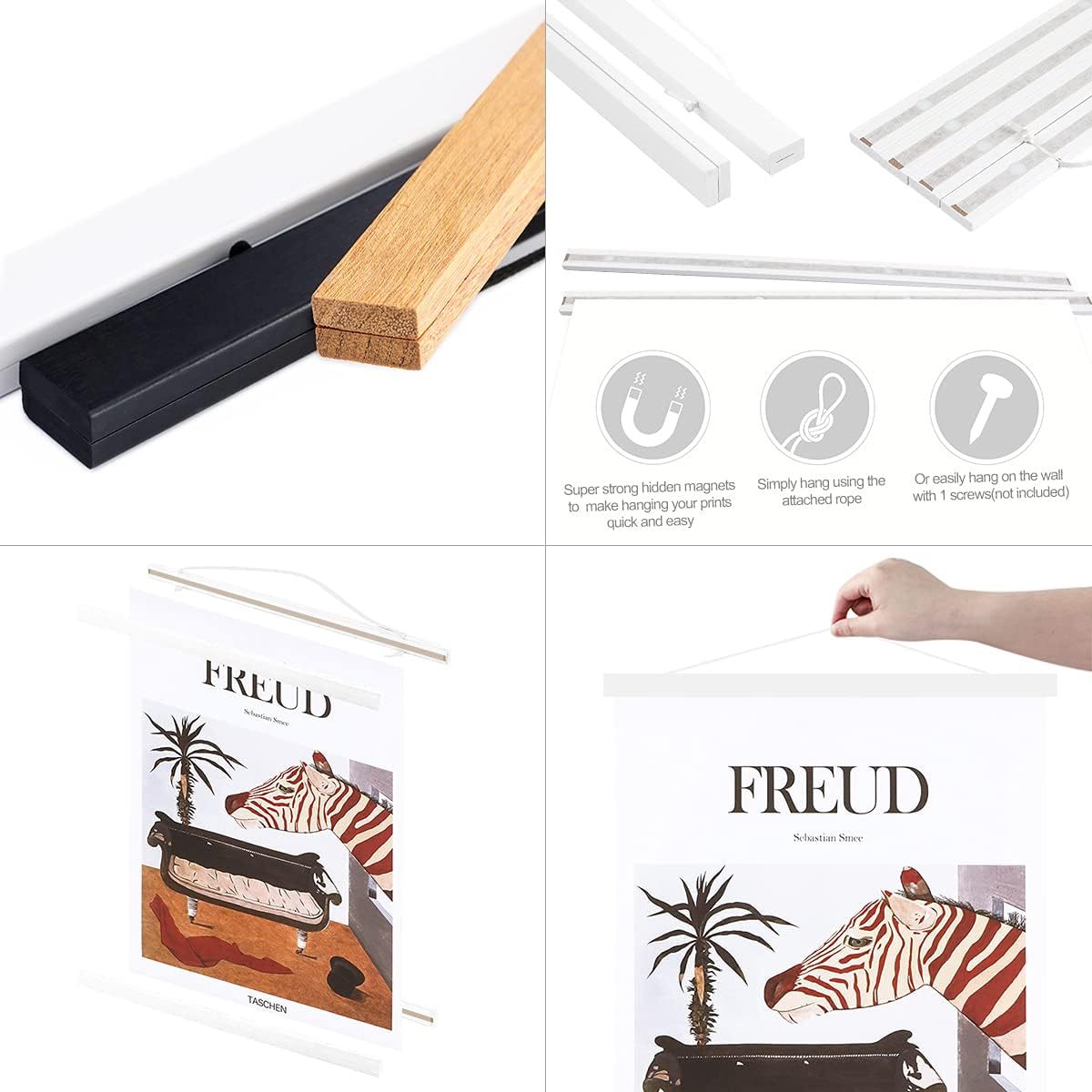 Ywlake Magnetic Poster Hanger, 18x24 18x12 18x24 Poster Frame Wood Wooden Magnet Print Posters Dowel Scroll Hanger Hangers Hanging Kit for Walls Map Canvas Artwork (White, 18")