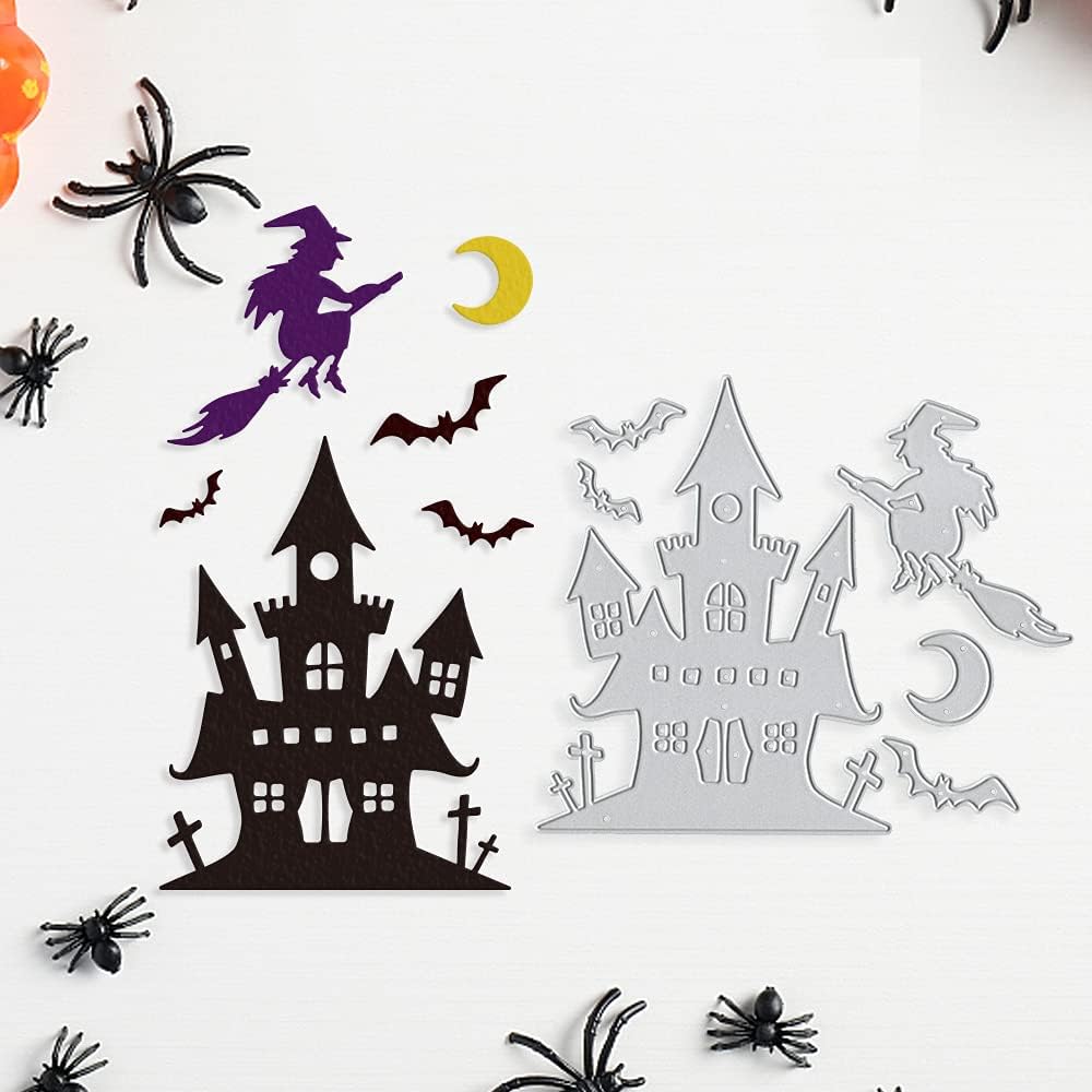 Metal Die Cuts Halloween Castle Witch Bat Cutting Dies Embossing Stencil Template for Card Making Scrapbooking Paper Craft Album Stamps DIY Decor