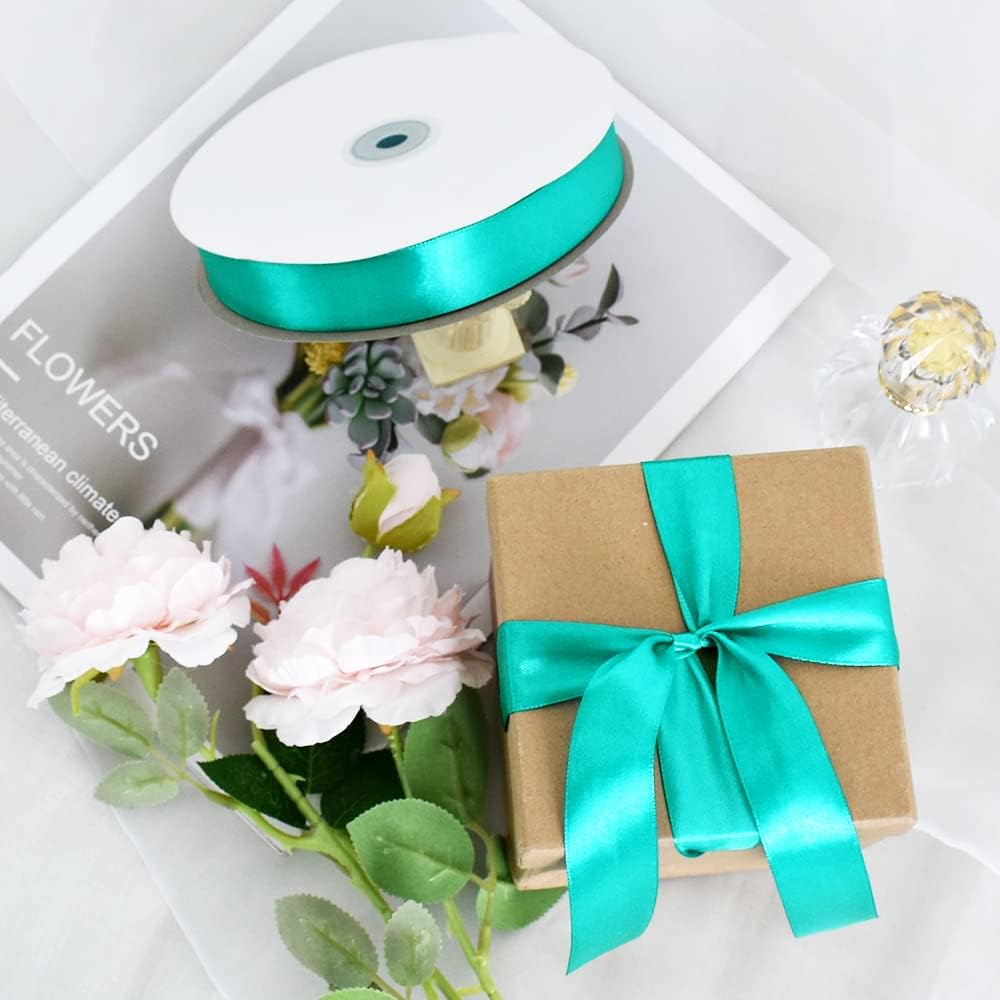 TONIFUL 1 Inch x 100yds Aqua Teal Blue Satin Ribbon, Thin Solid Color Satin Ribbon for Gift Wrapping, Crafts, Hair Bows Making, Wedding Party Decoration, Invitation Cards, Floral Bouquets
