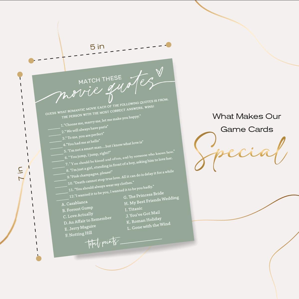 Bridal Shower Games Cards, Match These Movie Quotes, 25 Game Cards with 1 Answer Card, Engagement Party Wedding Games for Guests, Minimalist Green Wedding Party Supplies - C09