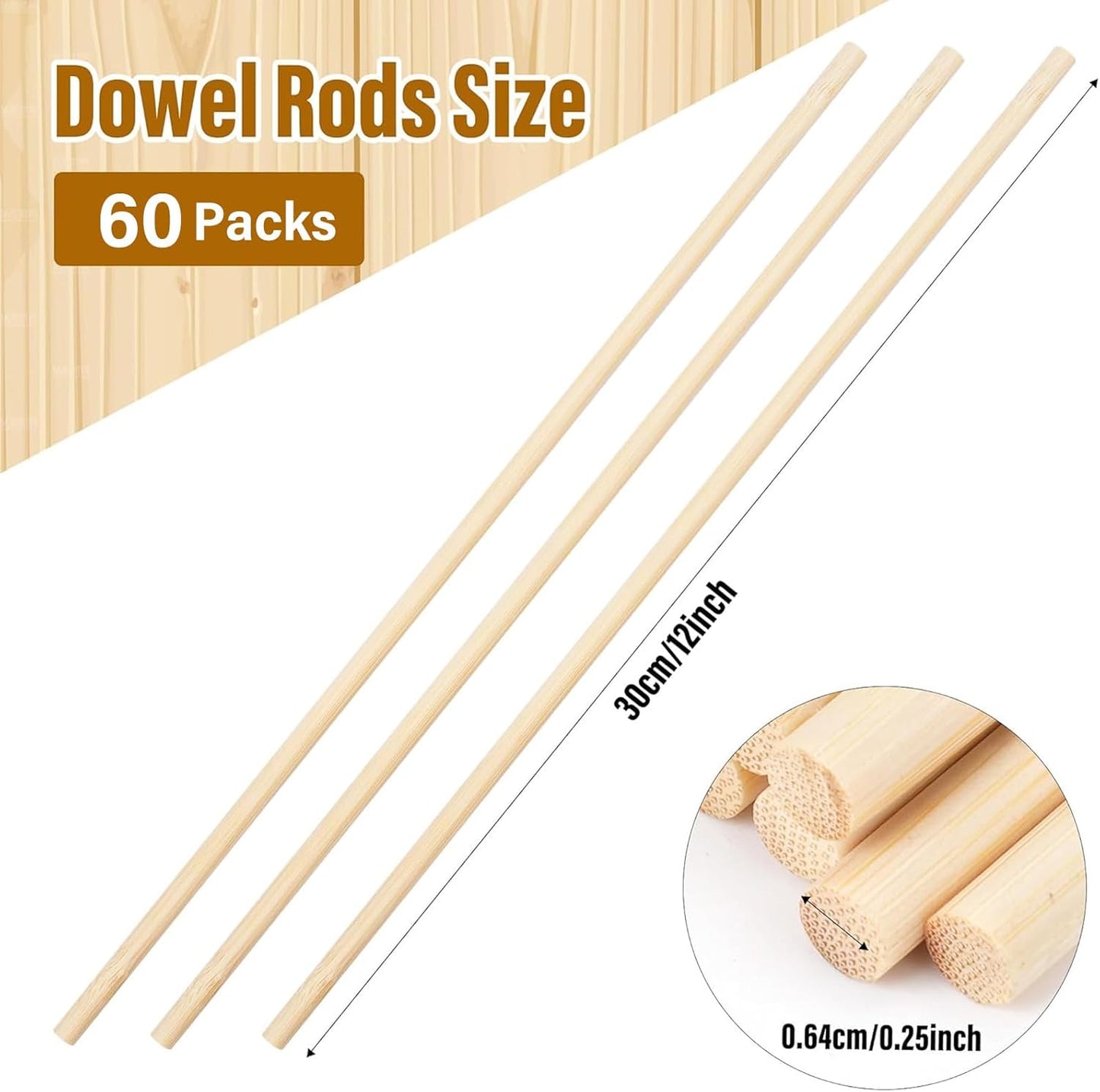 60Pcs Wooden Dowel Rods 1/4 x 12 Inch Precut Wooden Rod Sticks, Wood Sticks for Crafts, Natural Wood Dowels for Craft,Cake Dowels Hardwood Craft Dowel Rods for DIY Projects (60)