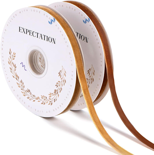 Brown Velvet Ribbon 3/8'' 2 Rolls Total 30 Yards, Use for Gift Wrapping, Christmas Tree, Wreath Decoration, DIY Crafts (Khaki, Brown)