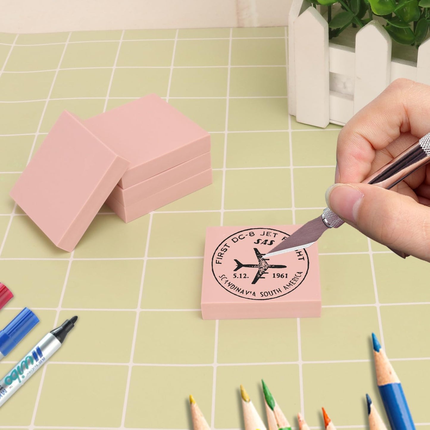 60 Pcs 2"x2" Rubber Carving Blocks, Linoleum Blocks, Stamp Carving Blocks for Printmaking, Linocut Artists, Crafts and More,(Pink) by KUKLIPJIM.