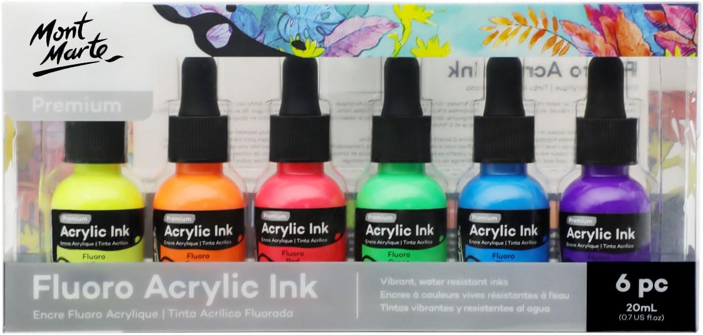 Mont Marte Acrylic Ink Premium 6pc x 20ml (0.7 US fl.oz), Acrylic Inks for Artists, Fluoro Colors, Ideal for Air Brush, Pouring Art, Scrapbooking, Ink Drawing, Mixed Media
